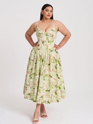 Jacinda Green Floral Print Ruched Breast Linen Midi Dress