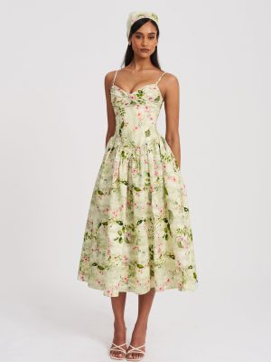 Jacinda Green Floral Print Ruched Breast Linen Midi Dress