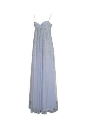 Wallie Baby Blue Rhinestone Embellished Mesh Backless Gown