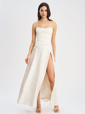 Raegan Pearl White Jacquard Ruched Maxi Dress