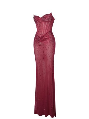 Fatima Burgundy Crystal Sleeveless Corset Mermaid Maxi Dress