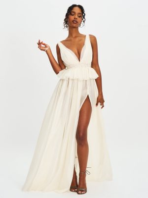 Calleigh Off White Flare Beaded Belt Maxi Gown