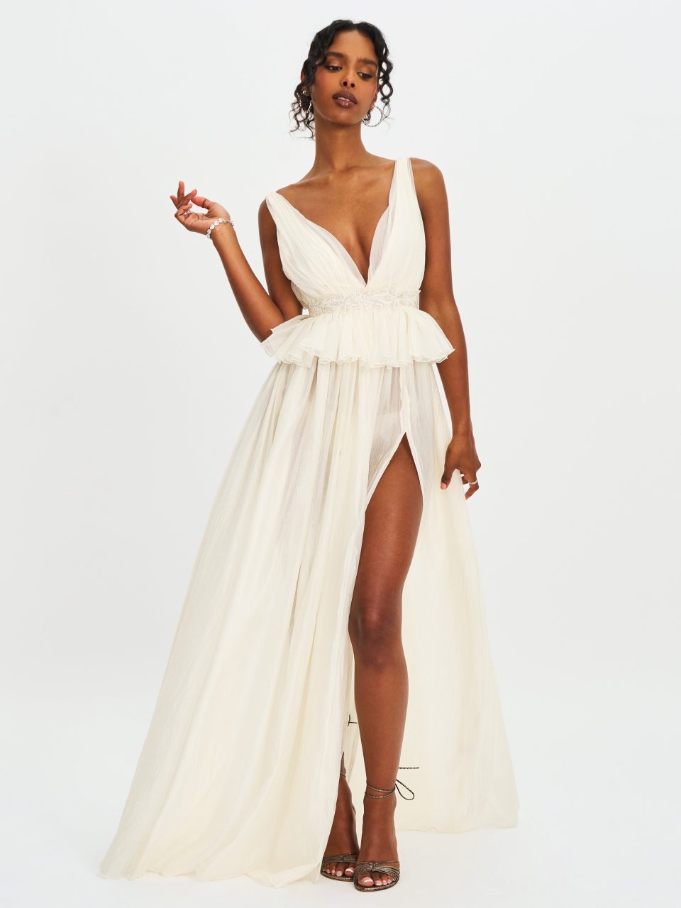 Calleigh Off White Flare Beaded Belt Maxi Gown