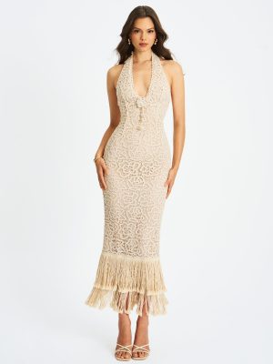 Faelyn Off-White Double Fringe Crochet Halter Maxi Dress