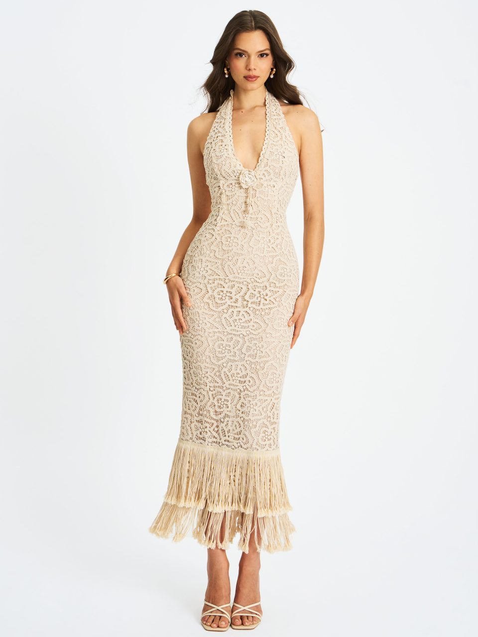 Faelyn Off-White Double Fringe Crochet Halter Maxi Dress