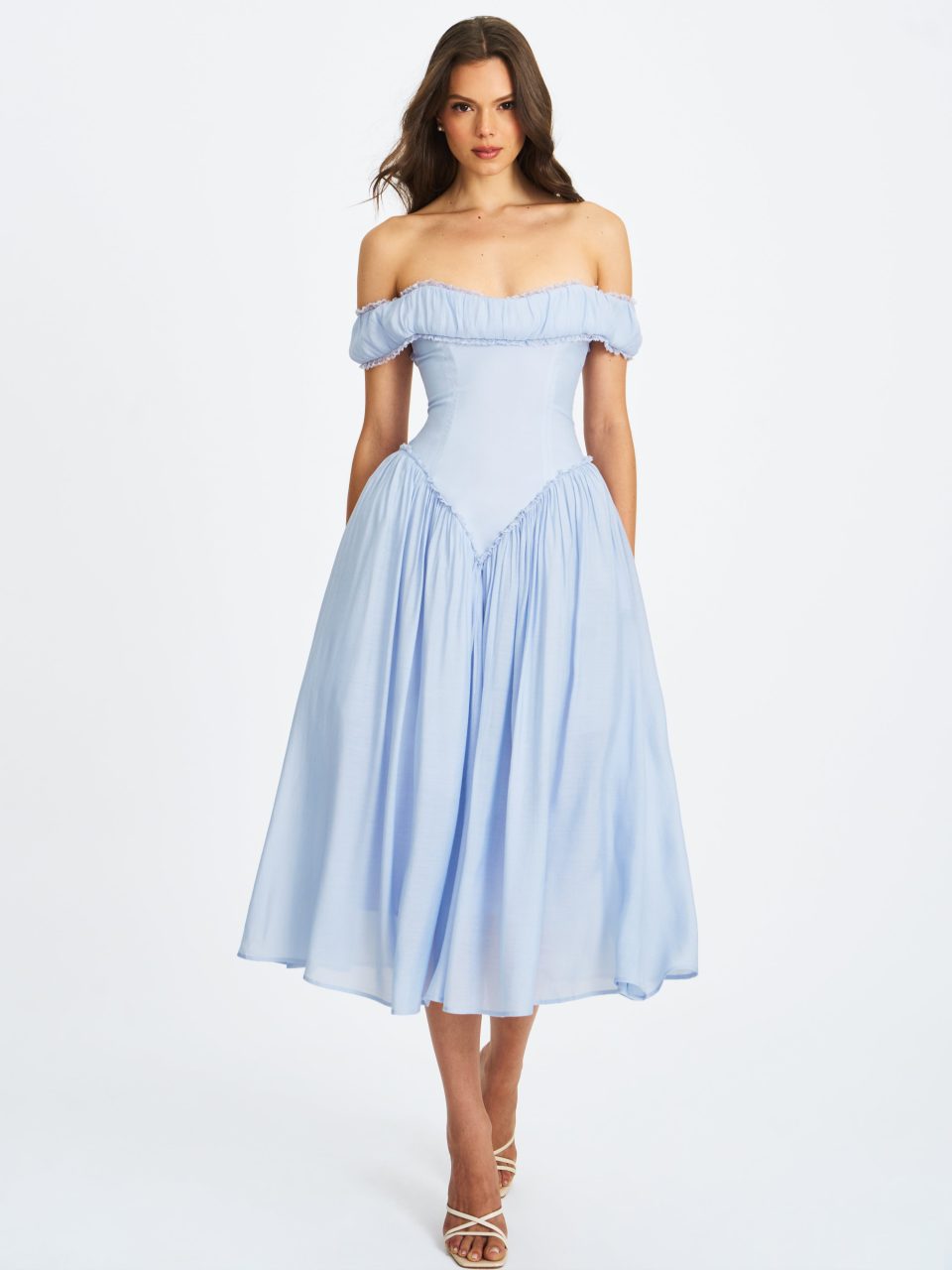Xavy Baby Blue Off Shoulder Corset Midi Dress