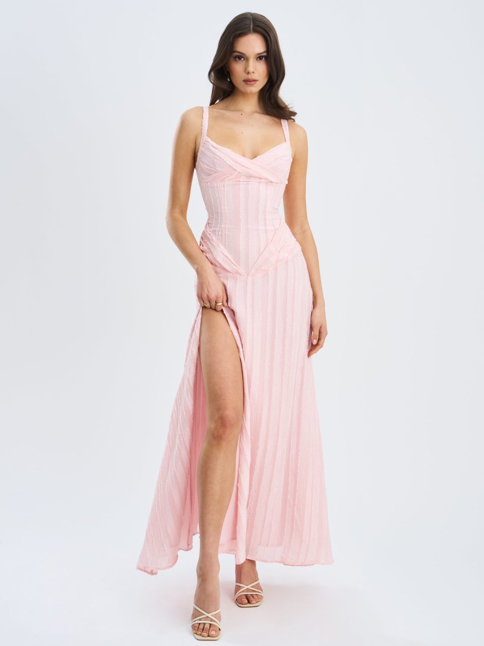 Mallory Baby Pink Stripe Jacquard High Slit Gown