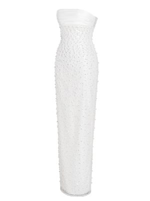 Lainey White Satin Sequin Pearls Beaded Maxi Dress