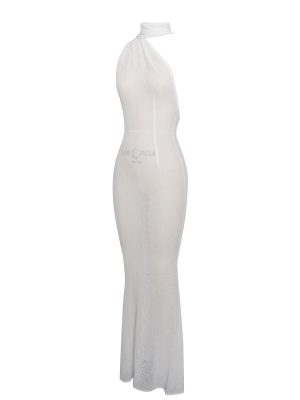 Olena White Burnout Velvet Animal Print Mesh Halter Neck Maxi Dress