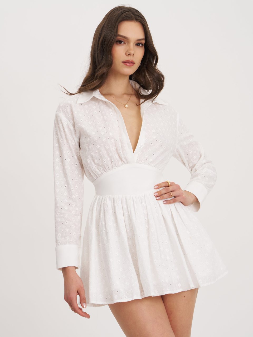 Gabriella White Cotton Eyelet Button Up Long Sleeve Shirt Dress