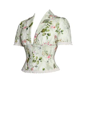 Zanella Green Floral Print Lace Trim Linen Top