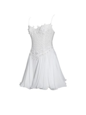 Fabiola Lace Trim Silver Net Top Mini Flare Chiffon Dress