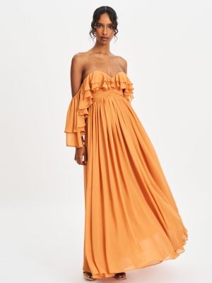 Kaela Brickwork Off Shoulder Chiffon Maxi Dress