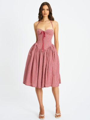 Susanna Red Gingham Halter Drop Waist Midi Dress