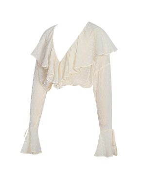 Magali Beige Dotted Mesh Ruffle V Collar Top