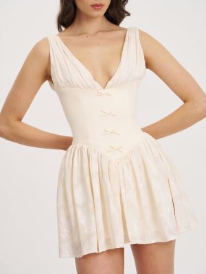 Zahara Off White Jacquard Drop Waist Mini Dress