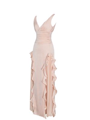 Talyssa Baby Pink Ruched Waist Double High Slit Maxi Gown