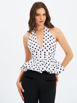 Ilene White and Black Polka Dot Bubble Hem Halter Top