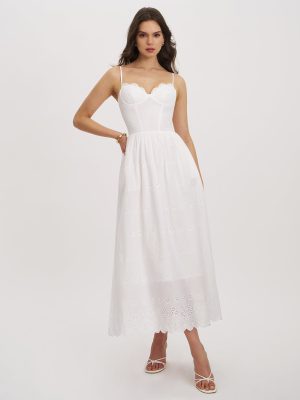 Oberon White Cotton Eyelet Lace-Up Back Maxi Dress