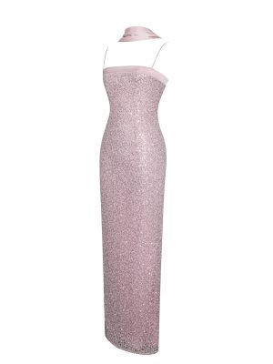 Raizel Pink Beaded Sequin Bodycon Gown with Scarf