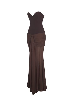 Giovana Espresso Sweetheart Draped Mesh Mermaid Maxi Dress