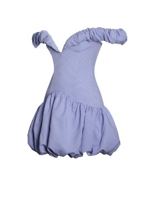 Sablee Checkered Puffy Off Shoulder Trim Bubble Hem Mini Dress