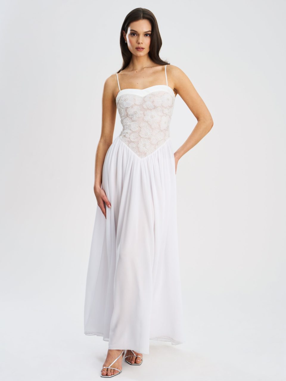 Ucille White Embroidered Chiffon Maxi Dress