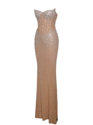 Fatima Nude Crystal Sleeveless Corset Mermaid Maxi Dress