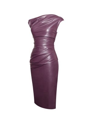 Sabina Purple Leather Slash Neck Midi Dress