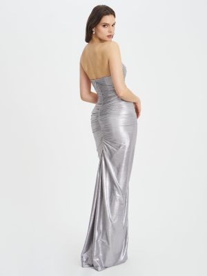 Sable Ruched Silver Glitter Mermaid Gown