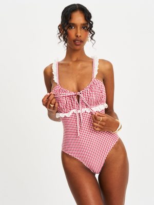 Hallie Red Gingham Lace Backless Swimsuit