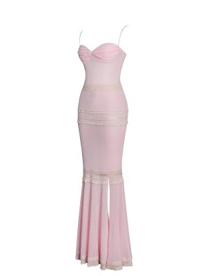 Pallas Pink Lace Trim Crochet Mermaid Maxi Dress