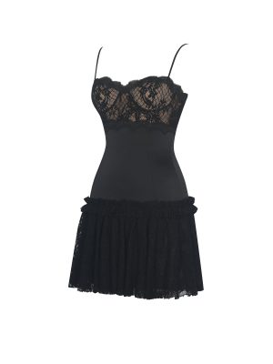 Umra Black Contrast Lace Sweetheart Gathered Mini Dress