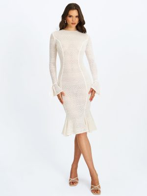 Pamina Beige Crochet Long Sleeve Midi Flare Mermaid Dress