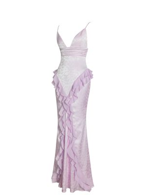 Paolina Taro Pink Jacquard Ruffle Mermaid Maxi Dress