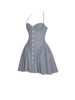 Melody Navy Blue Railroad Stripe Halter Drop Waist Mini Dress