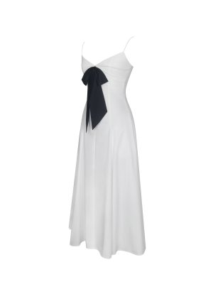 Corinne White Poplin Flared Maxi Dress with Removable Bow