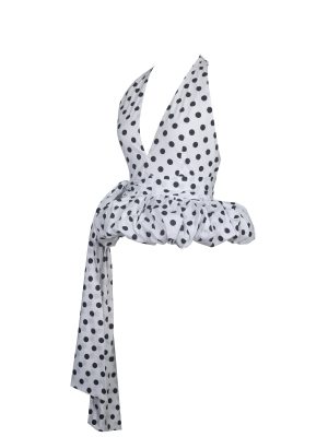 Ilene White and Black Polka Dot Bubble Hem Halter Top