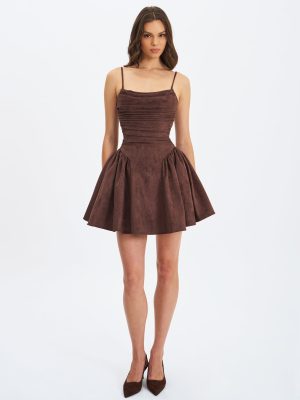 Raisa Mahogany Vegan Suede Ruched Mini Dress