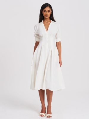 Palina Lyocell Pleated Midi Preppy Shirt Dress