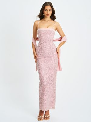 Raizel Pink Beaded Sequin Bodycon Gown with Scarf