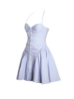 Melody Baby Blue Railroad Stripe Halter Drop Waist Mini Dress
