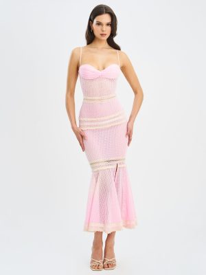 Pallas Pink Lace Trim Crochet Mermaid Maxi Dress