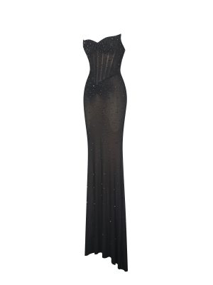 Fatima Black Crystal Sleeveless Corset Mermaid Maxi Dress