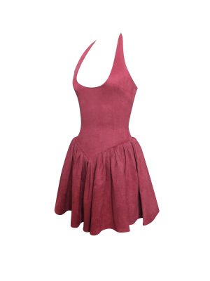 Hadara Burgundy Suede Halter Mini Full Dress