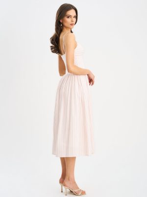 Zania Pink Stripe Ruched Breast Cotton Jacquard Midi Dress