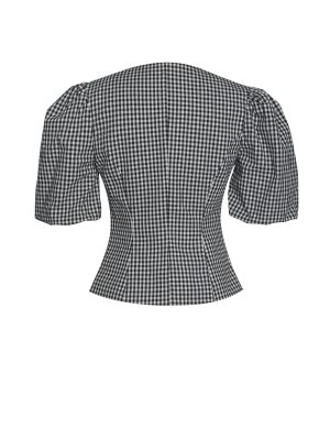 Qusayla Black Gingham Bubble Sleeve Bowtie Top
