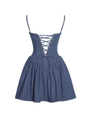 Zafira Cotton Denim Drop Waist Corset Mini Dress