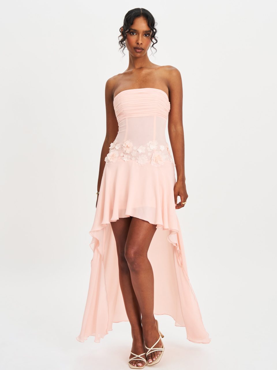 Mae Pink Ruched Breast Appliqué Trim Trailing Dress