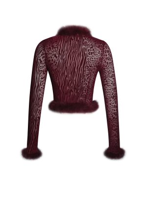 Hali Burgundy Animal Print Burnout Velvet Fur Trim Top